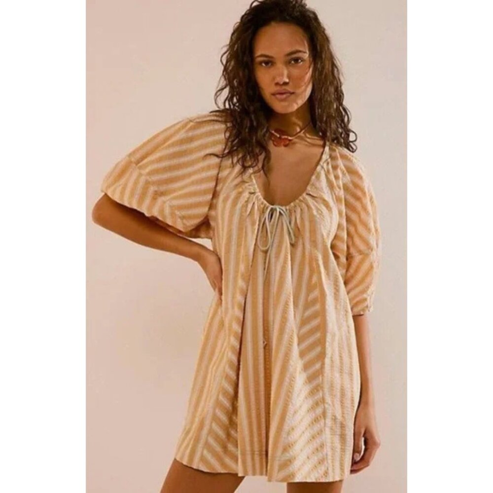 Free People Bop Around Romper in Orange Stripe - Picture 1 of 6